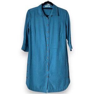 Asil Line Women Teal Button Front Shirt Dress 3/4 Sleeve Collared Size 36 US 4-6